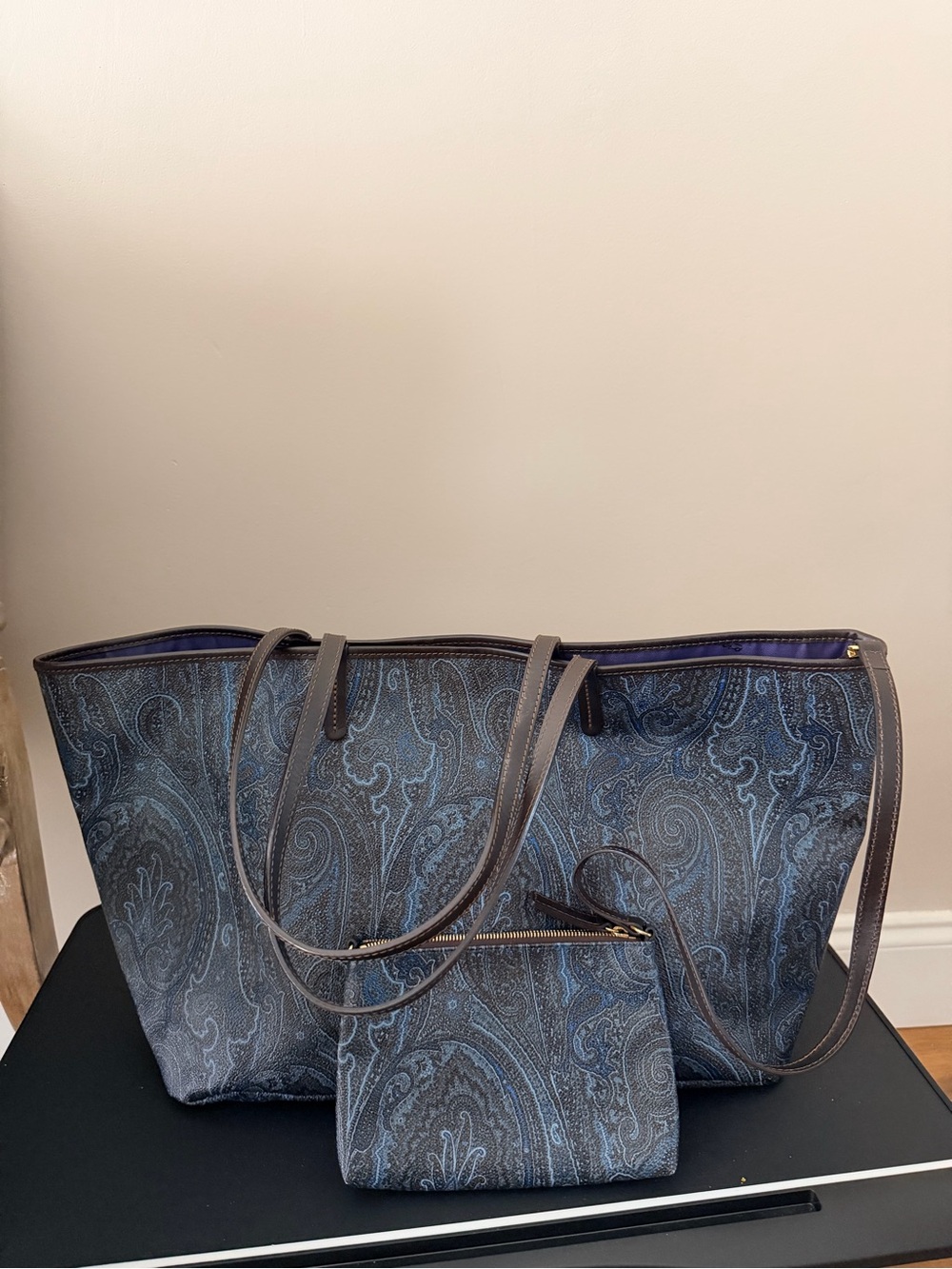 Etro Blue Paisley Tote with Matching Pouch Authentic